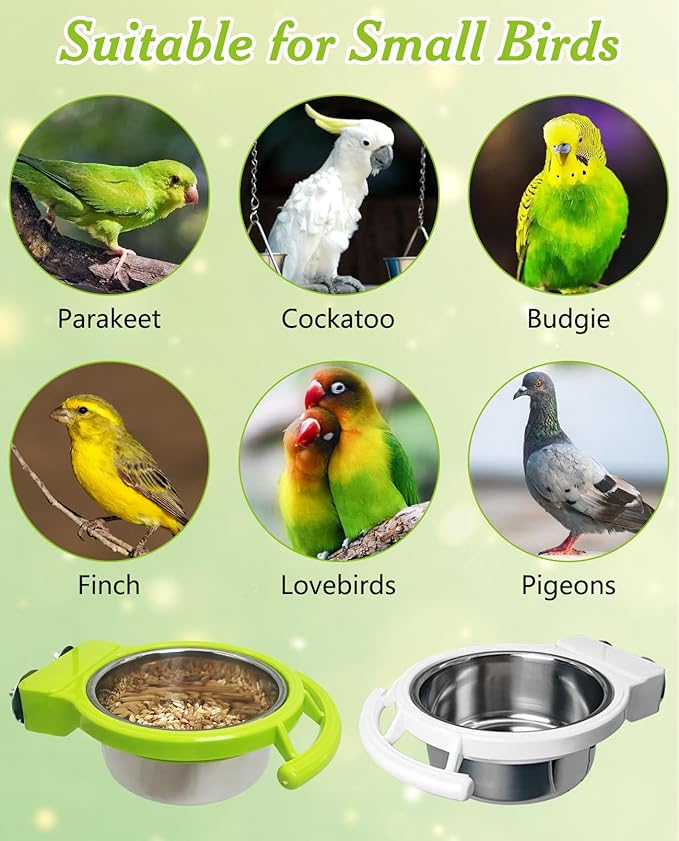 BNOSDM 2 PCS Bird Feeding Dish Cups Perch Stand Hanging Stainless Steel Bird Bowls Food Container Food and Water Bowls with Spoon for Budgie Cockatoo Finch Lovebirds Pigeons (White)