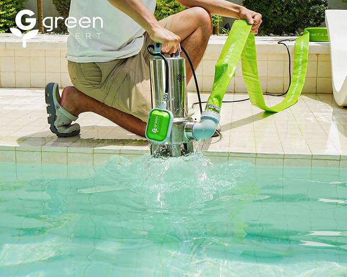 Green Expert 1.5HP Submersible Sump Pump, Max 6000 GPH High Flow, Full 304 Stainless Steel, Automatic Tethered Float Switch, 25 ft Power Cord, Handles 1-1/3 in Solids, for Basement Sewage Pit & Pools