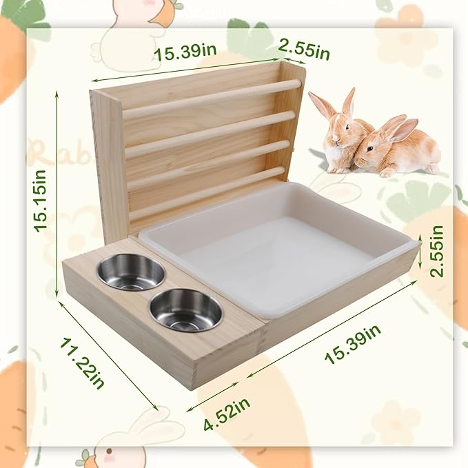 Rabbit Hay Feeder with Litter Box, 3 in 1 Wooden Bunny Feeder, Small Animal Hay Holder Rack for Rabbit, Guinea Pig, Hamster, Ferrets