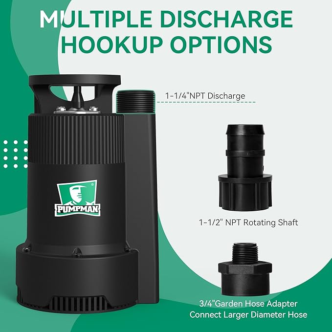 PUMPMAN 1/6HP Utility Pump, 1850 GPH Submersible Water Pump with Handle, Thermoplastic Portable Well Pump IPX8 Waterproof for Pools, Basements, Car Washing, Garden