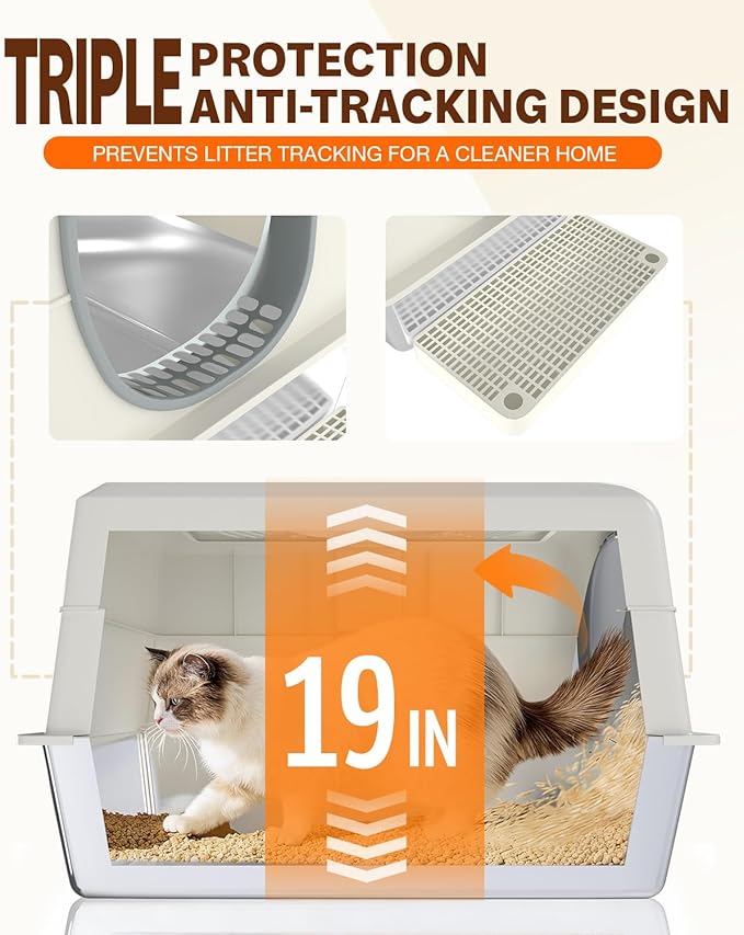 XL Stainless Steel Cat Litter Box with Lid, Enclosed High-Sided Top-Entry Design, Large Metal Kitty Litter Box Equipped with Scoop and Trash Bin, White