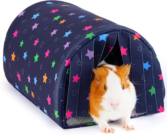 Glittme Guinea Pig Hideout with Curtain and Tunnel - Soft Bed with Cushion - Suitable for Guinea Pig, Hamster, Chinchilla, Bunny - Blue Stars