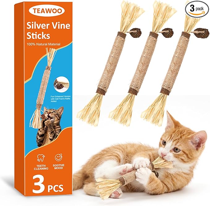 TEAWOO 3 Pcs Natural Silvervine Sticks Cat Toys, Catnip & Matatabi Blend Dental Chew Toys, Teeth Cleaning Kitty Toys for Indoor Cats & Kittens, Edible Chew Sticks for Aggressive Chewers