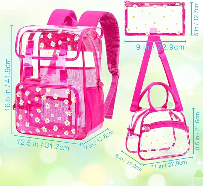 17" Daisy Clear Backpack for Girls - Flip Design Stadium Approved 3Pcs Set, Heavy Duty PVC Bookbag for Concert/School (Rose)