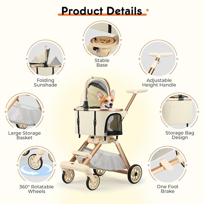 Pet Stroller for Small Dogs - 3 In1 Dog Stroller with Adjustable Handle and Detachable Carrier Car Seat, Foldable Cat Stoller with 5" Lockable All-Terrain Wheels