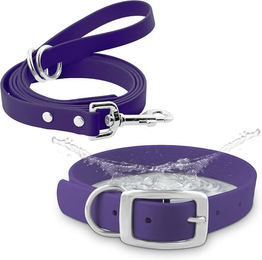 Regal Dog Products Medium Purple Waterproof Dog Collar and Leash Set | Heavy Duty Double Buckle & D Ring - 5'ft Leash | Adjustable Biothane Dog Collar | Chew Resistant Waterproof Collar for Dogs
