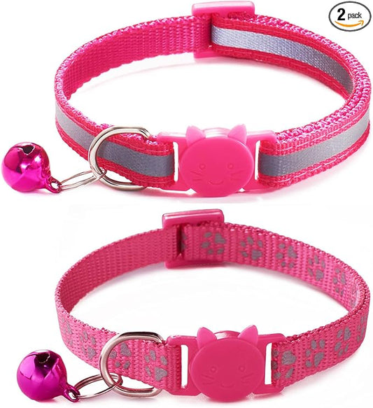 Reflective Cat Collar with Bells, [2 Pack] Hot Pink Break Away Kitten Collar with Bells, Breakaway Cat Collar for Girl Cats Kitty