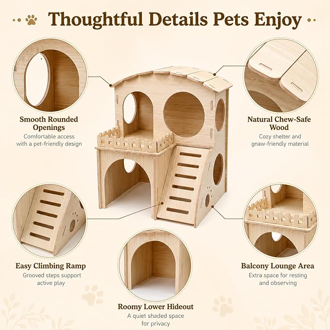 Large Guinea Pig Hideout Place, Double Layered Wooden Hamster House with ramp and Hamster Platform. Suitable for Hiding Places for Small Animals Such as Guinea Pigs, Hamsters, Rabbits, etc.
