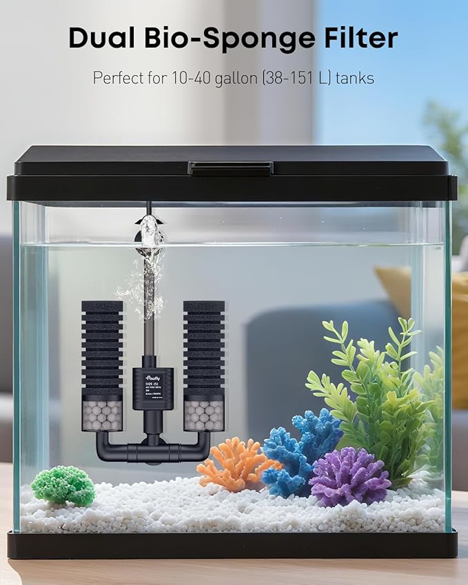 Pawfly Aquarium Sponge Filter, 70 GPH Fish Tank Filter, 3 W Submersible Small Aquarium Filter with Water Pump, Double Foams & Ceramic Balls, Quiet Bio Sponge Filter for 10-40 Gallon Tanks