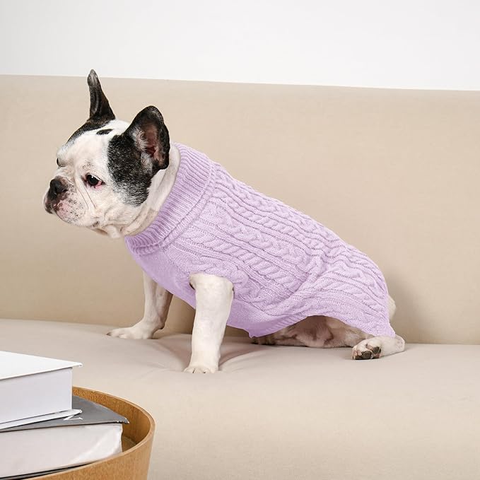 2 Pack Dog Sweaters for Medium Dogs Winter Turtleneck Pullover Cable Knit Fleece Stretch Frenchie Dachshund Pug Corgi Beagle Boy Girl Pet Clothes (M, Pink & Purple)