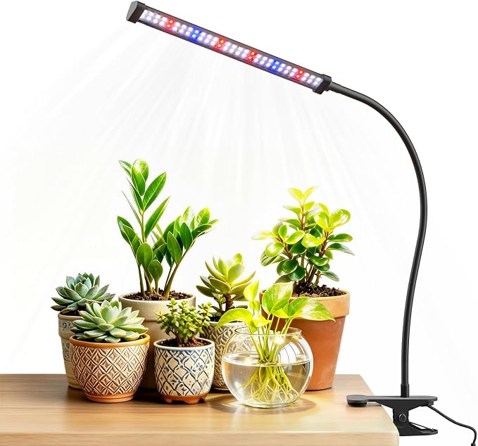 LED Grow Lights for Indoor Plants, Clip-On Clamp, Single Head | Flexible Metal Arm with Silicone Sleeve, 5700K Full Spectrum, CRI 85+, 4/8/12/18H Daily Timer, 5 Brightness Levels
