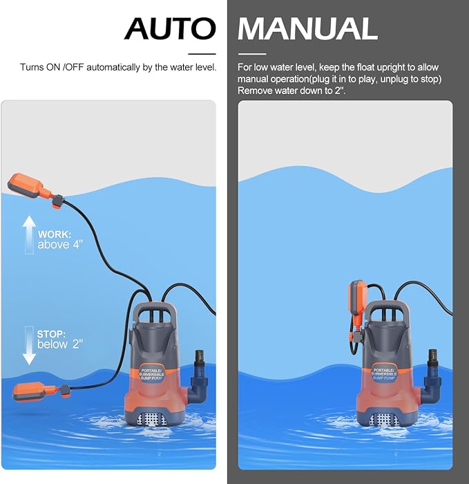 Automatic Sump Pump with Float Submersible Utility Water Pump 1HP | Pool Draining Pump with Adapters