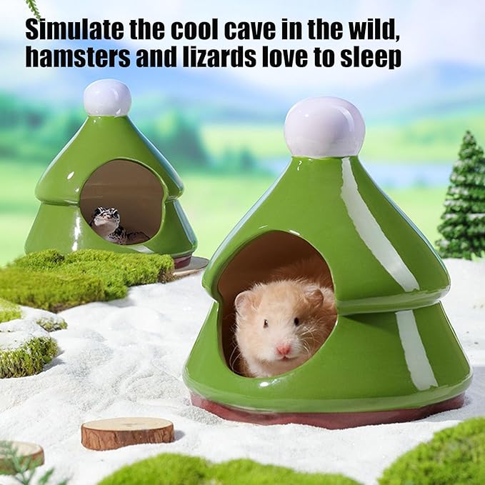 Ceramic Hamster Hideouts, Pine Tree Shaped Cave, Waterproof Habitat House, Cozy Bed Design, Sturdy Pet Shelter, Ideal for Chinchilla, Squirrel, Hedgehog, Hamster, 5.51x5.51x6.3 Inches