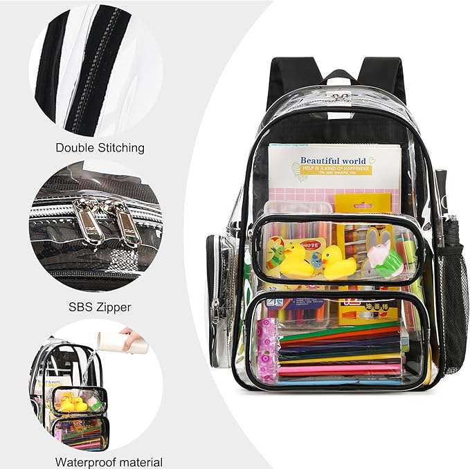 CAMTOP Clear Backpack Heavy Duty Clear Bag for Stadium Events See Through BookBag for Student School Work Festival Sport Travel (Black)