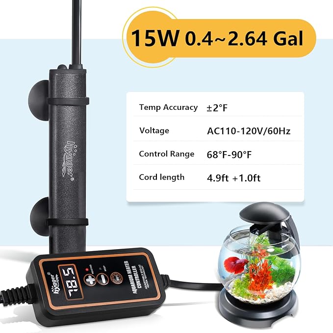 hygger Mini Submersible Aquarium Heater, Turtle and Betta Fish Tank Heater with Digital Display External Controller Freshwater