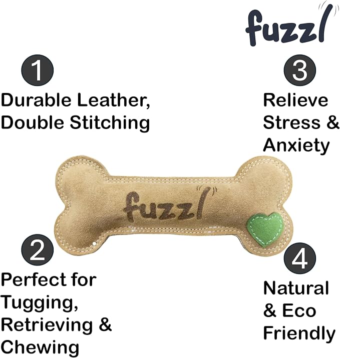 Fuzzl Large Leather Bone Dog Toy Natural and Tough Dog Toys - Long Lasting Chew Toys for Aggressive Chewers - Strong Dog Toy for Dogs and Puppy