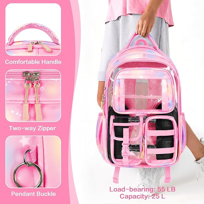 PAMANO Clear Backpack for Girls, Heavy Duty Transparent Bookbag for Kids, See Through Cute Backpacks for Elementary Primary School Work Sport Travel - Pink