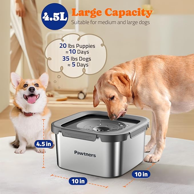 Pawtners Dog Water Bowl No Spill, 152oz/4.5L Stainless Steel Dog Floating Bowl, Slow Water Bowl for Dog with Filter, Non-Slip Base, No Splash Water Bowl for Medium Large Messy Drinkers Grey