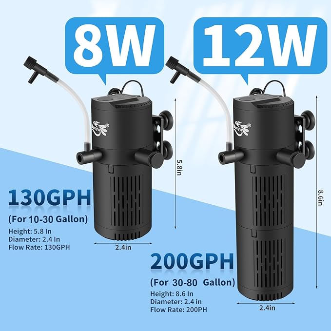 Aquarium Filter, Fish Tank Filter 4-in-1 for 10-30 Gallon Tanks, Submersible Internal Filter with Wave-Maker, Oxygenation & Adjustable Air Flow for Freshwater/Saltwater/Turtle Tanks (8W)