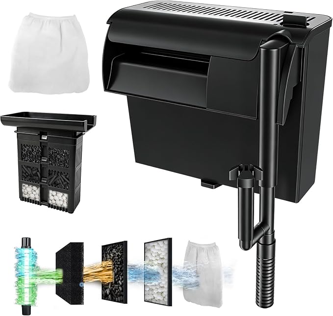 Large Hang on Back Aquarium Filter 344GPH for 40-150 Gallon Fish Tank, U-V Light Big Canister w/ Filters High Flow 5-Stage Green Killing Deodorization Machine Keep Fresh& Saltwater Water Crystal Clear