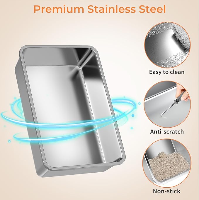 URPOWER Stainless Steel Cat Litter Box with Flip-Top Lid Extra Large Enclosed Litter Box Non-Sticky Metal Pan with High Sided & Scoop, Odor Free, Front & Top Entry, Anti-Leakage, Easy Cleaning