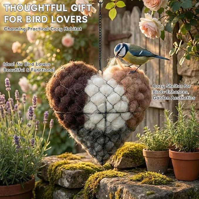 Handmade Alpaca Fiber Bird Nesting Material Heart – Soft Nesting Holder for Wild Birds, Garden Trees, Winter Shelter & Bird Lover Gift (1PC)