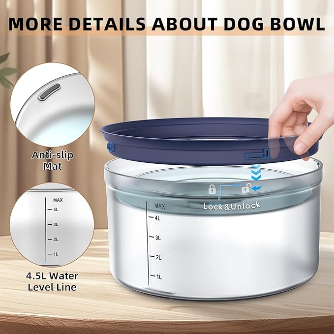 Decflow 1.2Gallon Dog Water Bowl No Spill, 4.5L Large Capacity Spill Proof Dog Bowls with Transparent Floating Disk, No Splash Slow Drinking Dog Bowl for Sloppy Messy Drinkers
