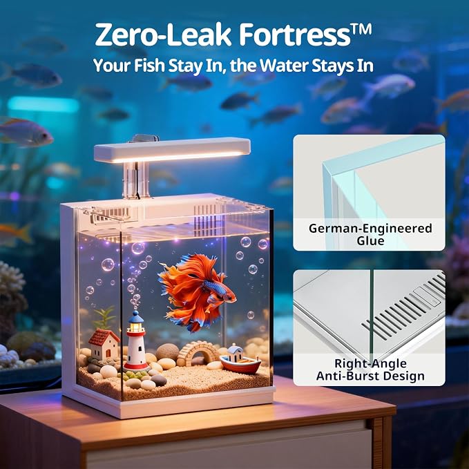 AQUASMITH Betta Fish Tank, 2 Gallon All-in-One Aquarium Kit with Filtration & LED Light, Self-Cleaning Aquarium for Beginners, Kids, Gifts for Men, Teen Boys