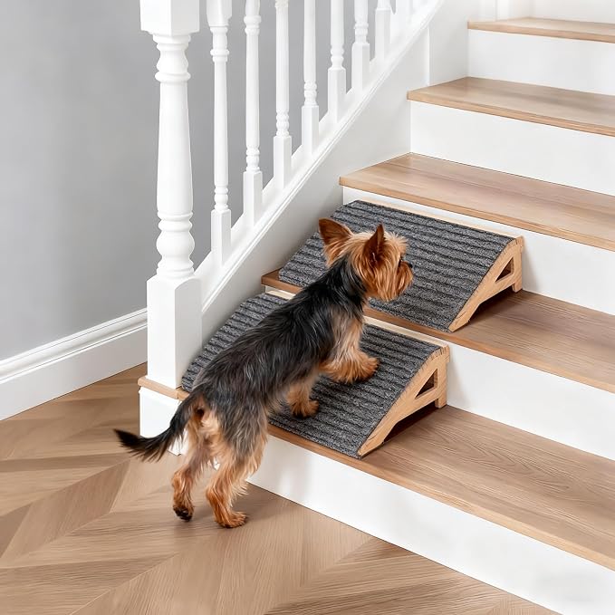 Wood Dog Ramp Stairs for Outdoor, Low Angle Dog Ramp for Stairs | 4.2"H, 2 Pack, ups to 170lbs, Premium Solid Wood, Anti-Slip Carpet Surface, Dog Stairs for Small Dogs, Footrest & Stretcher