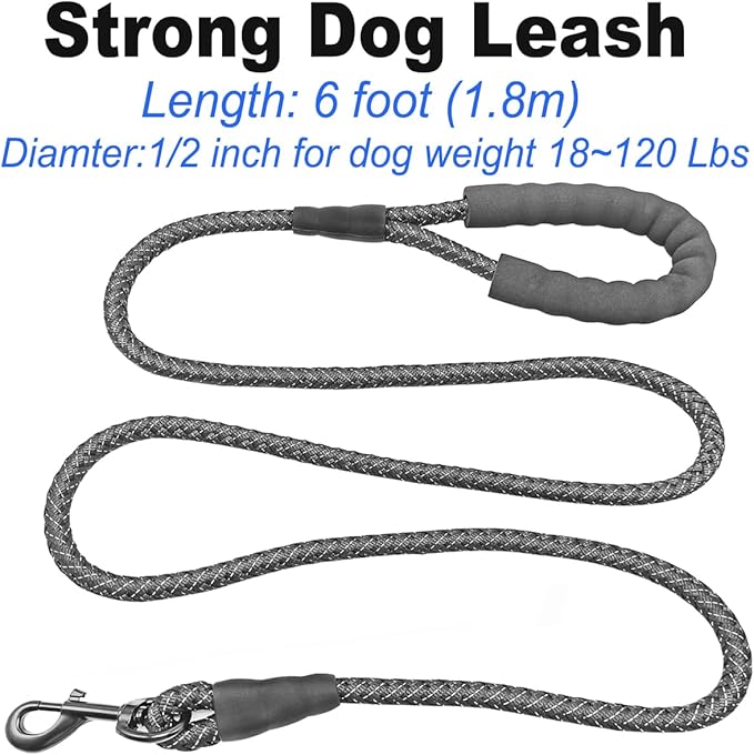 Black Dog Leash, 6 FT Heavy Duty Rope Dog Leash with Padded Handle Strong Nylon Reflective Leads for Medium Large Dogs, Training, Walking (1/2")