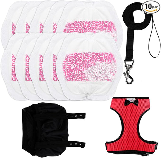 10 Pack Super Absorbent Pet Training Pads + 1 Set Durable Pet Leash & Harness | Leak-Proof Essentials for Indoor & Travel (S Size Red)