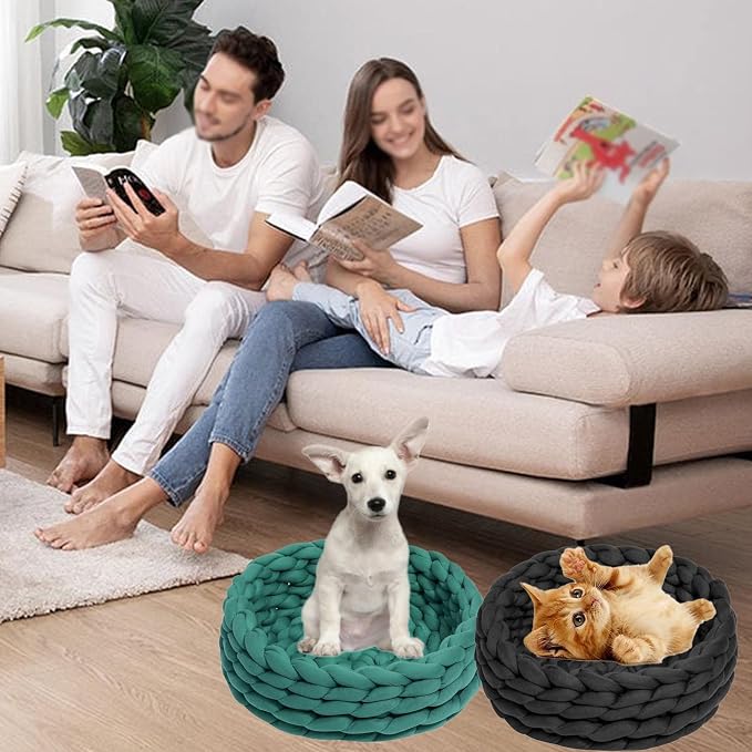 Woven Dog Bed Basket, Knitted Cotton Cat Bed Round Washable Woven Cat Pet Bed Chunky Dog Basket, Orthopedic, Chunky Knit Dog Nest,Dog Bed,Dog Cave,Dog Bedding(Beige,21")