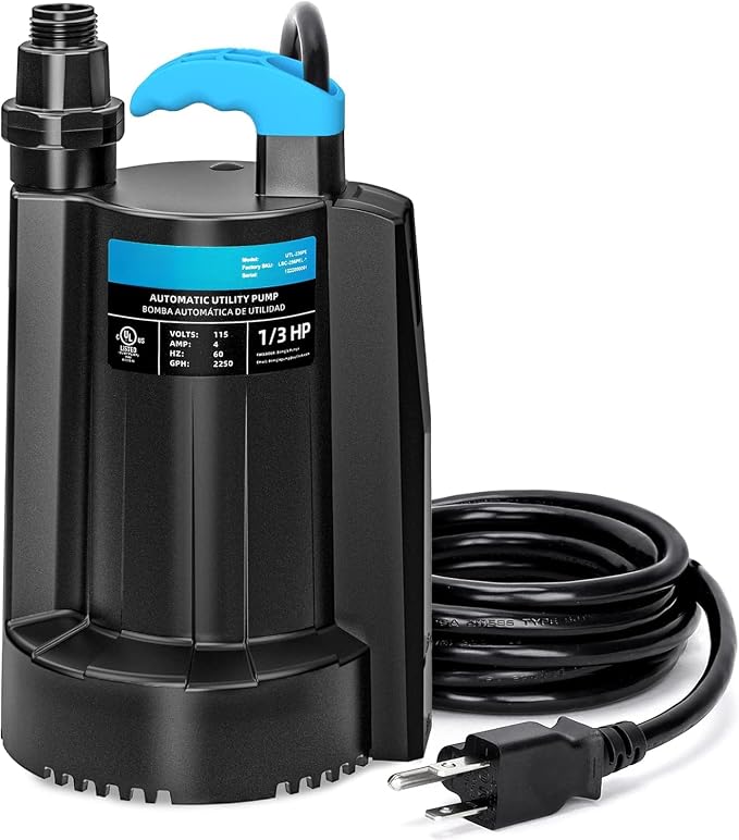 LEO 1/3 HP Automatic Sump Pump, 2250GPH Submersible Utility Pump, 10ft Cord | Water Pump with 3/4” Garden Hose Check Valve Adapter, Water Removal for Pool Draining Basement Hot Tubs Garden