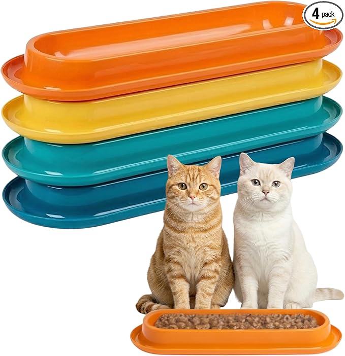 Multi-Cat Home 4-Pack, Long Pet Food Bowls, Large Capacity Non-Slip Easy Clean Dishes for Indoor & Outdoor Feeding (Orange, Dark Blue, Yellow, Lake Green)