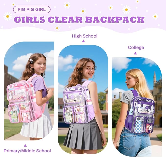 PIG PIG GIRL Clear Backpack for School,Heavy Duty PVC Transparent Bookbag for Girls Stadium Approved See Through Backpack