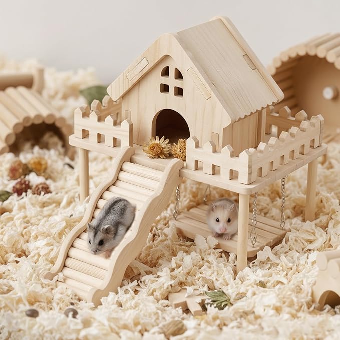 Hamster Wooden House with Platform,Ramp & Swing - Natural Wood Play Set forSyrian Dwarf Hamsters, Gerbils, Mice,Small Animals Cage Accessories
