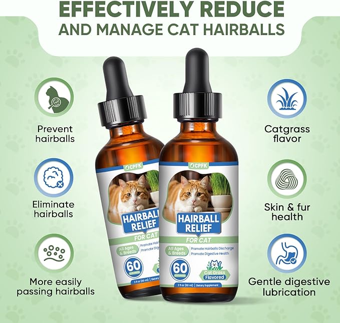 Cat Hairball Remedy Drops, 60 ml (2 fl oz) 2 Pack Cat Hair Ball Treatment Furball Control Relief Helps Eliminate and Prevent Hairballs for Indoor Cats Supports Skin and Coat Digestion
