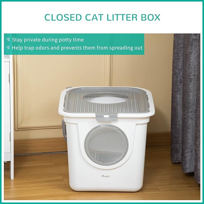 PawHut Cat Litter Box with Lid, Covered Kitty Litter Box with Front Entrance, Top Exit, Scoop, Easy Cleaning Cat Toilet for Odor Control, Privacy, White