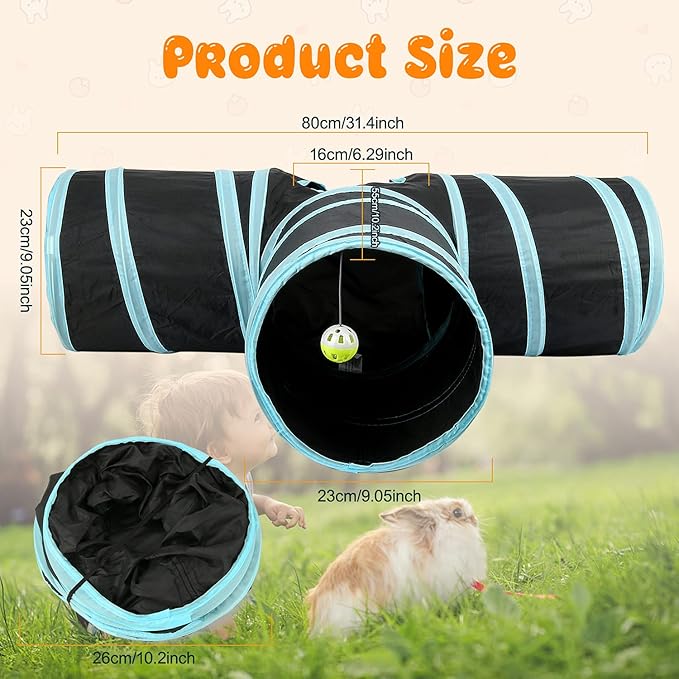 BWOGUE Bunny Tunnels & Tubes Collapsible 3 Way Bunnys Hideout Small Animal Activity Tunnel Toys for Dwarf Rabbits Guinea Pigs Kitty