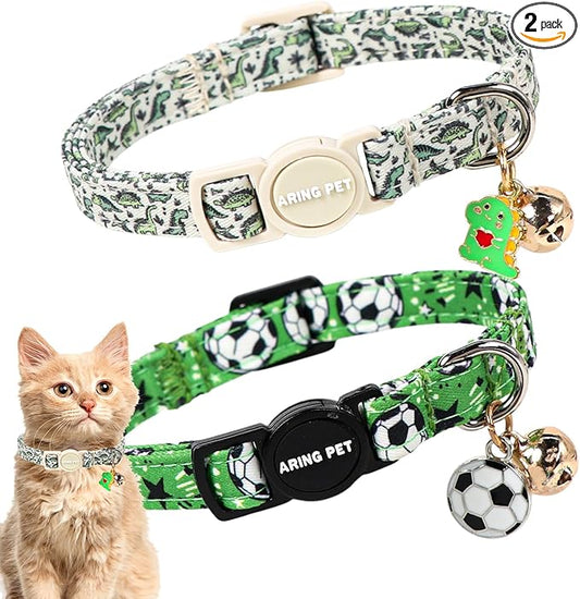 ARING PET 2 Pack Cat Collars with Bell, Cute Soft Cotton Kitten Kitty Breakaway Summer Cat Collars for Boy Girl Cats-Dinosaur & Green Soccer