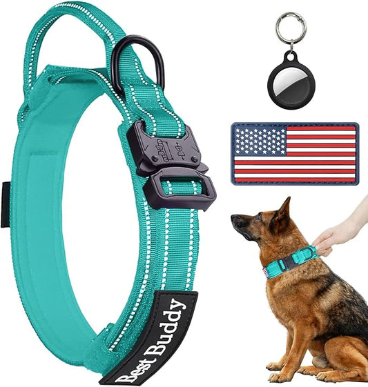 AUBELL Reflective Tactical Dog Collar,Adjustable Military Heavy Duty K9 Collars with Handle and Quick Release Metal Buckle Great for Extra Large Dogs, with Airtag Case and 2 Patches (Teal,XL)