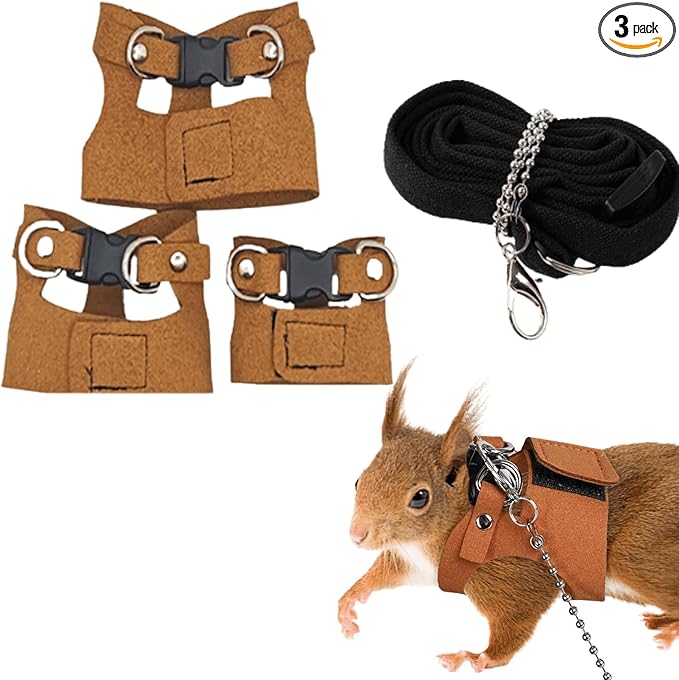3 Pack Squirrel Harness and Leash Set - Adjustable Traction Rope Strap Anti-Biting Chain,Small Animal Training Walking Vest Leash for Squirrel Gerbil Chinchilla Rat (Brown)