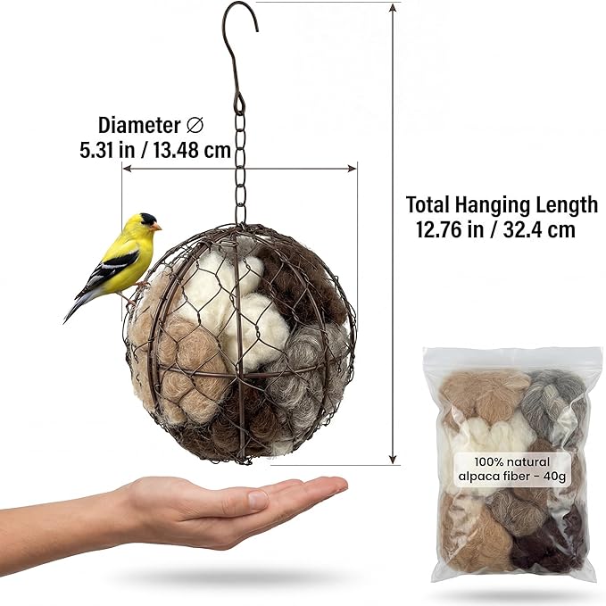 Handmade Alpaca Fiber Bird Nesting Heart - Refillable Material Holder for Wild Birds and Hummingbirds - Garden Art & Winter Shelter for Bird Lovers