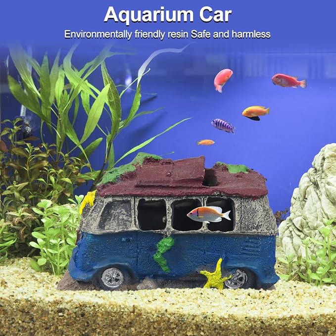 Virekm Resin Rock Cave Hideouts for Fish Tank Aquarium Decor | Safe Natural Design Aquarium Ornaments for Betta, Goldfish, Shrimp, Easy To Clean Tank Landscape Decor (School Bus)