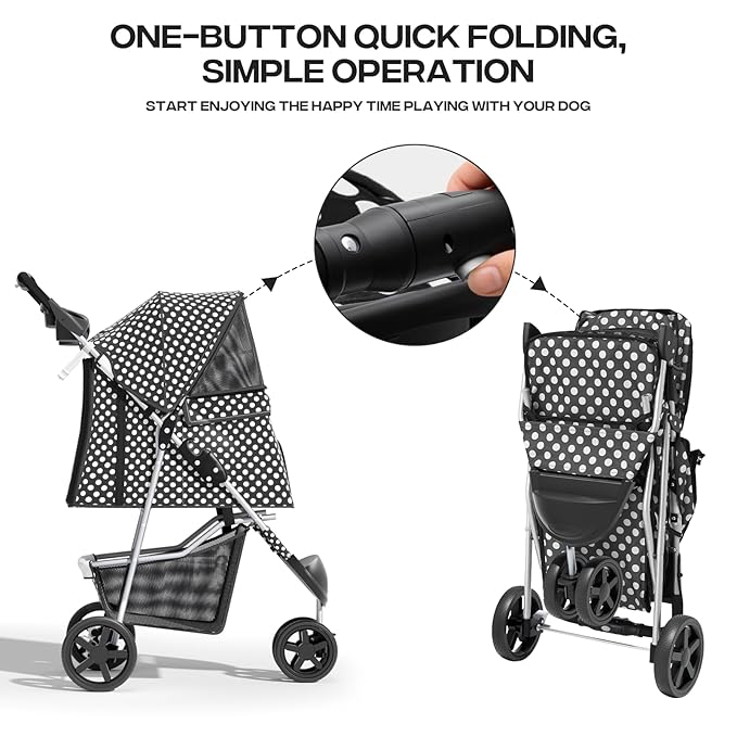 Pet Stroller for Small Dogs 10 lbs, Dog Stroller for Medium Dogs 30 lbs, Cat Strollers for 2 Cats, 3 Wheels Foldable Jogger Puppy Stroller with Storage Basket and Cup Holder, Black Polka Dots