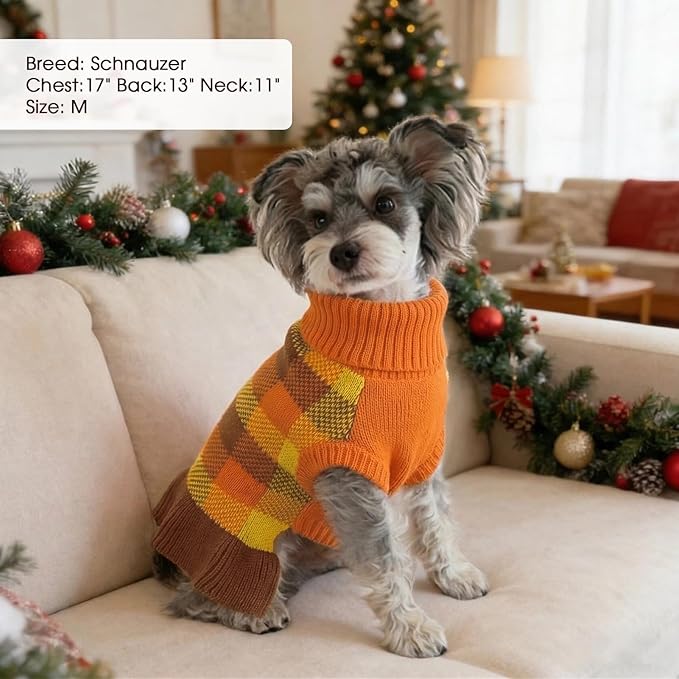 Dog Sweater Dress Plaid Knitwear for Small Medium Dogs Warm Puppy Pet Turtleneck Stretch Pullover Cute Fall Winter Vest Clothes with Leash Hole for Christmas (Orange, XS)