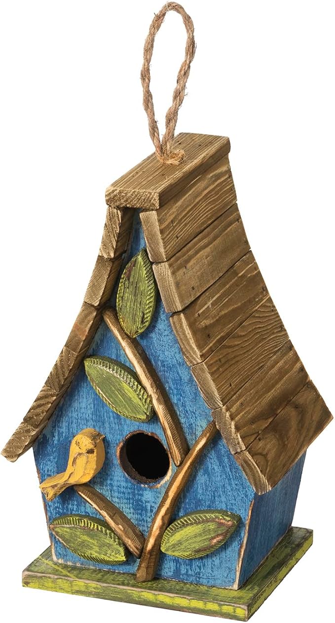 Glitzhome Birdhouses for Outdoors,9.5"H Hanging Bird House Decorative Pet Cottage Wooden Birdhouse Hummingbird Houses for Outside,Bluebird House with Natural Wood Slatted Roof and 3D Tree,Washed Blue