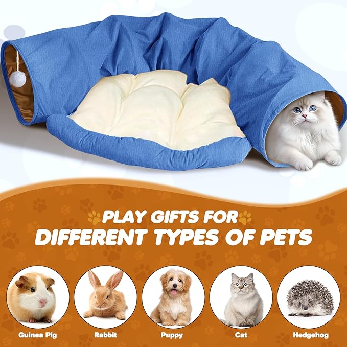 Spardar Bunny Tunnel Bed, 2-in-1 Collapsible Tunnel Tubes Toys, Washable, with Removable Mat Hideout, Interactive Toys for Rabbits Chinchilla Hedgehog Guinea Pigs Kitty, Blue