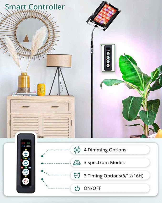 Adjustable Tripod Grow Light, Dimmable 45W 66in with Timer | 6/12/16h auto timer, adjustable floor lamp for indoor plants and aquarium refugium, supports whole plant growth stages
