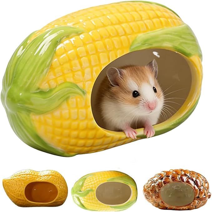 Ceramic Hamster Bed Cute Cooling Hideout for Small Pet Multi-Size Habitat Decor Cage Accessories for Gerbil Axolotl (Yellow-Corn)